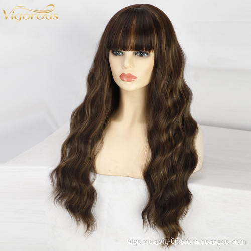 Vigorous Highlight Wavy Wigs Brown Mix Blonde Middle Part Cosplay Heat Resistant Synthetic Wigs with Bangs Black Women Long Hair
